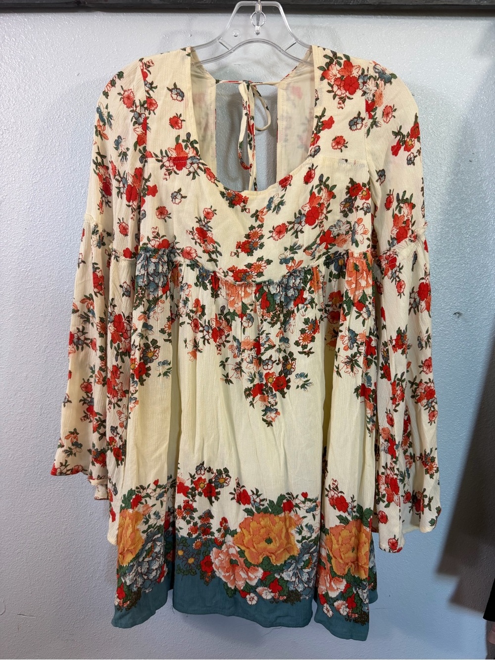 Free People Cream Floral Tiered Long-Sleeve Dress with Red & Green Accents